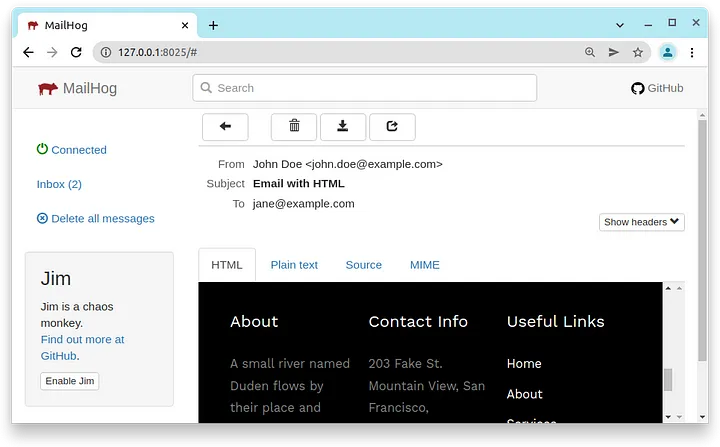 MailHog UI with new CSS email content