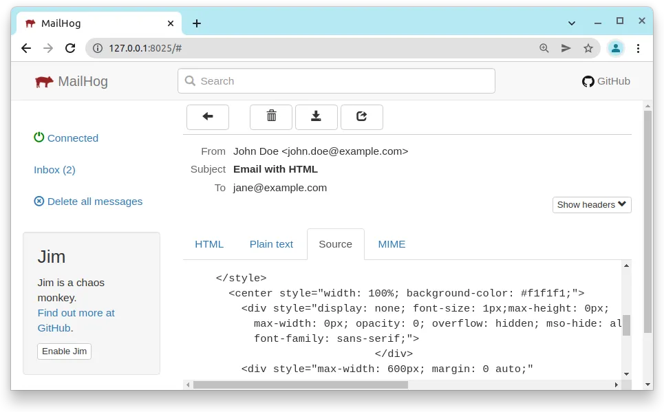 MailHog UI with new CSS email content source