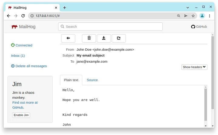 MailHog UI with new email content