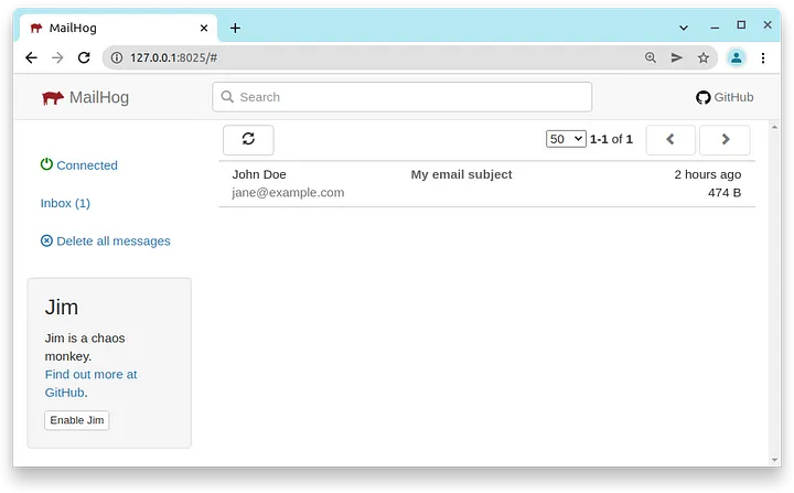 MailHog UI with new email